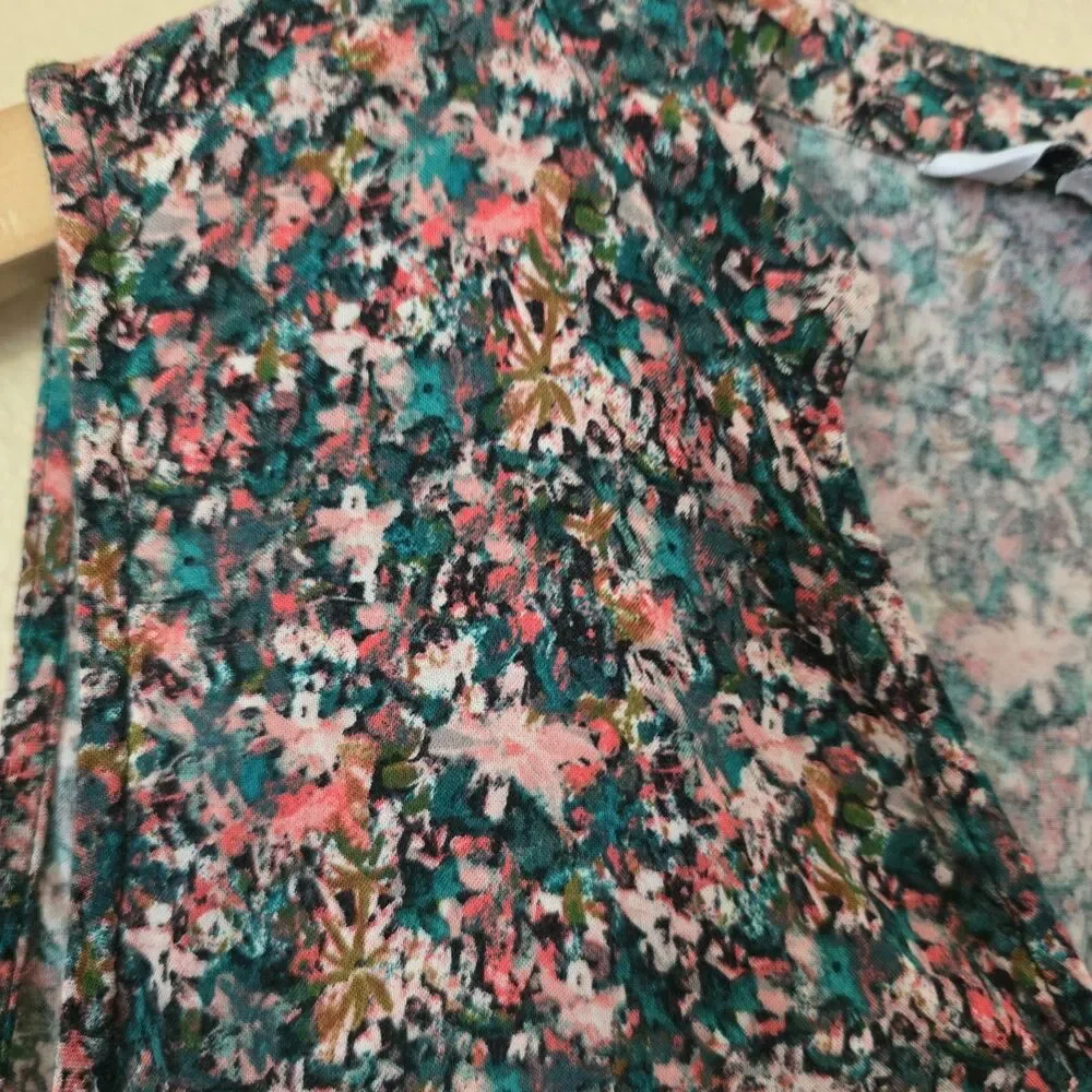 Nine West Floral Tiered Mini Dress Sleeveless V-Neck Pink Teal Black Women's Lrg